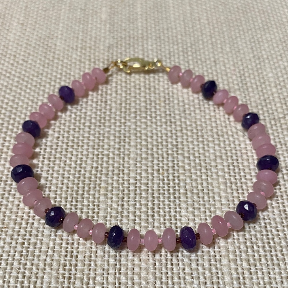 Elegant Pink and Purple natural agate Beaded 8” long Bracelet